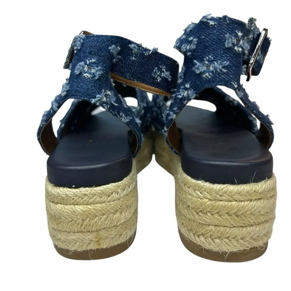 Nine West Espadrille Platform Sandals 6M Showrunner Denim Ankle Strap Open Toe